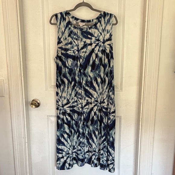 LuLaRoe Blue and White Tie-Dye Midi Dress - Picture 1 of 3